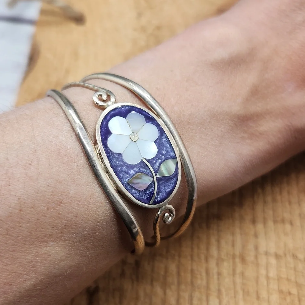 Vintage Alpaca Silver‎ Enameled Flower Cuff Bracelet